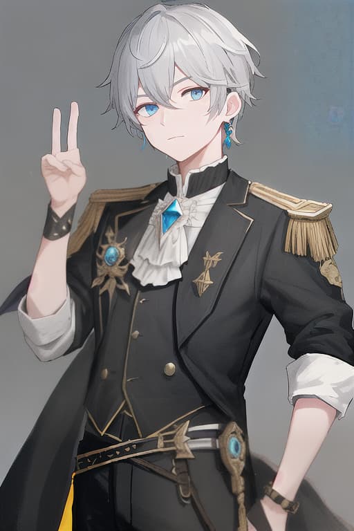 solo,looking at viewer,short hair,bangs,blue eyes,simple background,shirt,long sleeves,shota,1boy,white background,hair between eyes,jewelry,closed mouth,upper body,grey hair,male focus,earrings,frills,hand up,grey background,black shirt,brooch,gem,blue gemstone,