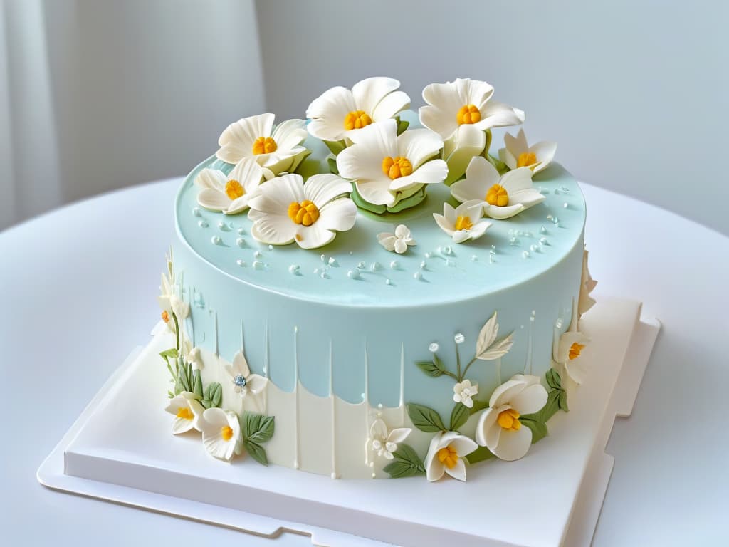  A closeup, ultradetailed image of an intricately decorated multitiered cake with smooth fondant icing in a pristine white color. The cake is adorned with delicate sugar flowers in pastel shades, intricate piping details, and shimmering edible gold leaf accents. The lighting is soft, highlighting the flawless craftsmanship and elegant design of the cake, making it a visually stunning and aspirational image for experienced chefs seeking inspiration in the world of professional pastry arts. hyperrealistic, full body, detailed clothing, highly detailed, cinematic lighting, stunningly beautiful, intricate, sharp focus, f/1. 8, 85mm, (centered image composition), (professionally color graded), ((bright soft diffused light)), volumetric fog, trending on instagram, trending on tumblr, HDR 4K, 8K