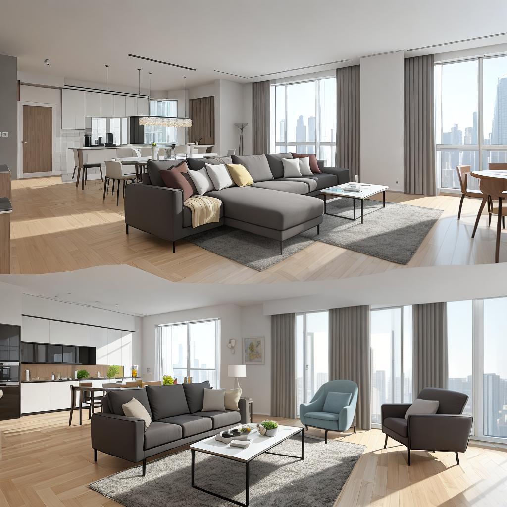  masterpiece, best quality, best quality, masterpiece, 8k resolution, high resolution apartment Living room concept art with floor-to-ceiling windows and modern furniture