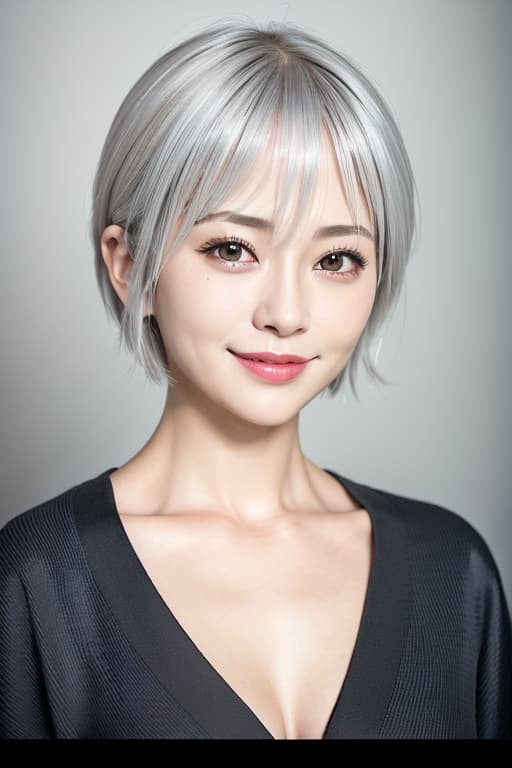  Kimono Figure Smile Short Hair Light Silver Hair, (Masterpiece, BestQuality:1.3), (ultra detailed:1.2), (hyperrealistic:1.3), (RAW photo:1.2),High detail RAW color photo, professional photograph, (Photorealistic:1.4), (realistic:1.4), ,professional lighting, (japanese), beautiful face, (realistic face)