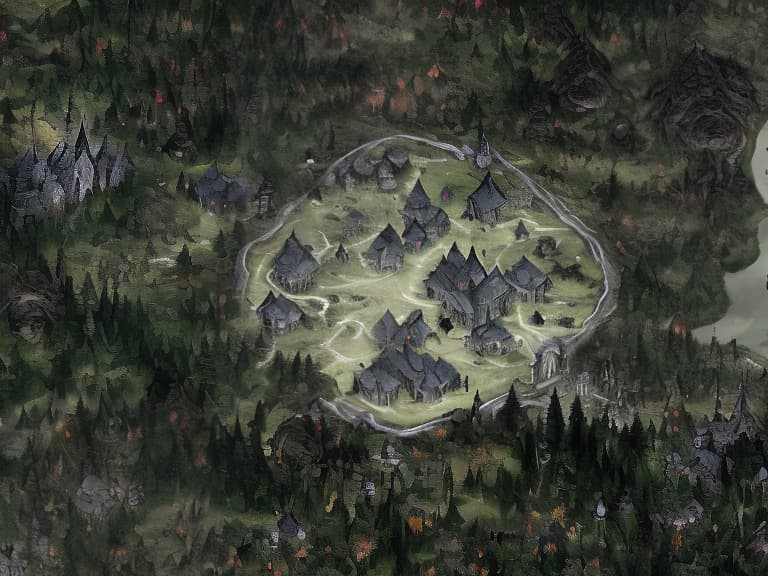  Dark fantasy, map, settlement in a deep forest, the village is surrounded by a fence, in the center of the village stands a stone church, dense forest, nearby river, gloomy atmosphere, high level of detail, double post processing, full HD, Overland fantasy woodland map, such as a map, a font that is modern and easy to read hyperrealistic, full body, detailed clothing, highly detailed, cinematic lighting, stunningly beautiful, intricate, sharp focus, f/1. 8, 85mm, (centered image composition), (professionally color graded), ((bright soft diffused light)), volumetric fog, trending on instagram, trending on tumblr, HDR 4K, 8K