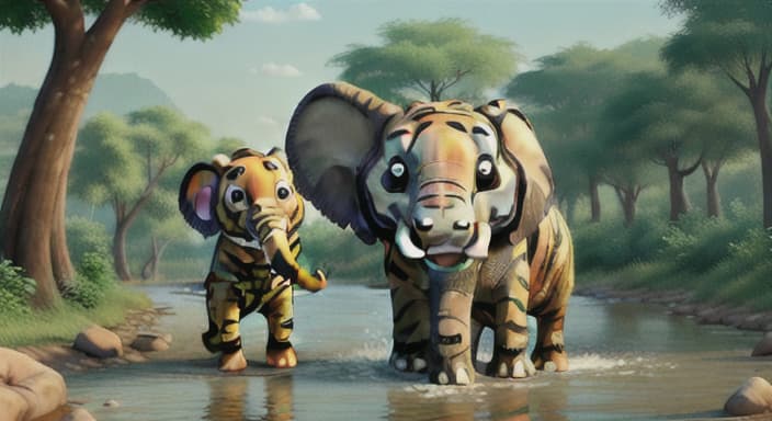  {Tiger and the elephant playing together near the river., The elephant is playful and friendly, always ready for a game.