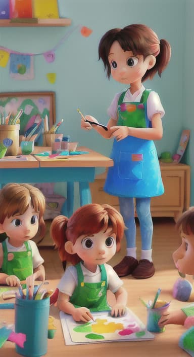  {Children gathered around a table full of paints, brushes, and paper., Kids wearing aprons, concentrating on their painting with bright colors on paper.