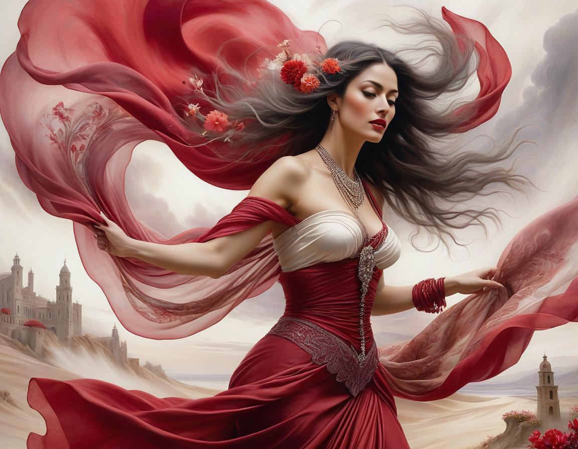  surrealist art depict an spanish woman, dancing, flowing floral scarf, elegant body lining. the backdrop is an ethereal spanish dreamscape of soft tones crimson, red, off white, magenta, grey. highly detailed. magic realism. alchemy. pastels, pen, ink and wash. luis royo, joaquin sorolla, georgia o’keeffe, arthur rackham. highest quality . dreamlike, mysterious, provocative, symbolic, intricate, detailed hyperrealistic, full body, detailed clothing, highly detailed, cinematic lighting, stunningly beautiful, intricate, sharp focus, f/1. 8, 85mm, (centered image composition), (professionally color graded), ((bright soft diffused light)), volumetric fog, trending on instagram, trending on tumblr, HDR 4K, 8K