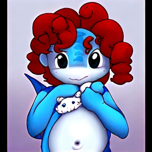  Sad  with red curly buns, blue eyes and holding a stuffed  blue dragon with silver tummy