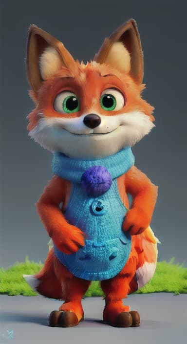  {Error the fox pressing the blue button with his paw, looking puzzled as nothing occurs., Error is a small, bright orange fox with a fluffy tail and big, inquisitive eyes. He has a mischievous yet kind expression and wears a tiny green scarf.