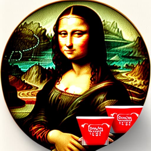  The Mona Lisa holding a white plate of fine dark chocolate candy pieces in red candy cups. Enlarge background. Painted in the style of Leonardo Da Vinci.