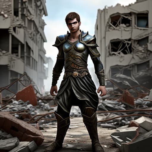  hero of a fantasy game. in a destroyed city. holding in his hands the last hope for life that is in a bottle