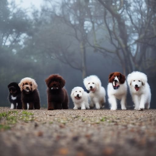  A group of cute puppies are fluffy hyperrealistic, full body, detailed clothing, highly detailed, cinematic lighting, stunningly beautiful, intricate, sharp focus, f/1. 8, 85mm, (centered image composition), (professionally color graded), ((bright soft diffused light)), volumetric fog, trending on instagram, trending on tumblr, HDR 4K, 8K