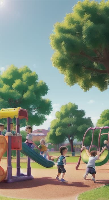  {Children playing in a sunny park with swings and slides., Same group of happy children, now wearing casual play clothes.