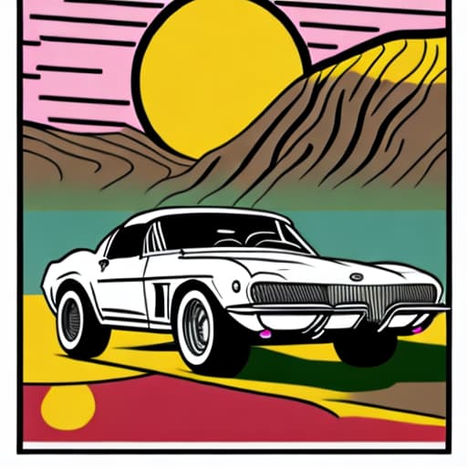  A retro pop art-style illustration of the famous Hollywood sign, surrounded by colorful and iconic classic cars like the Corvette and the Mustang.