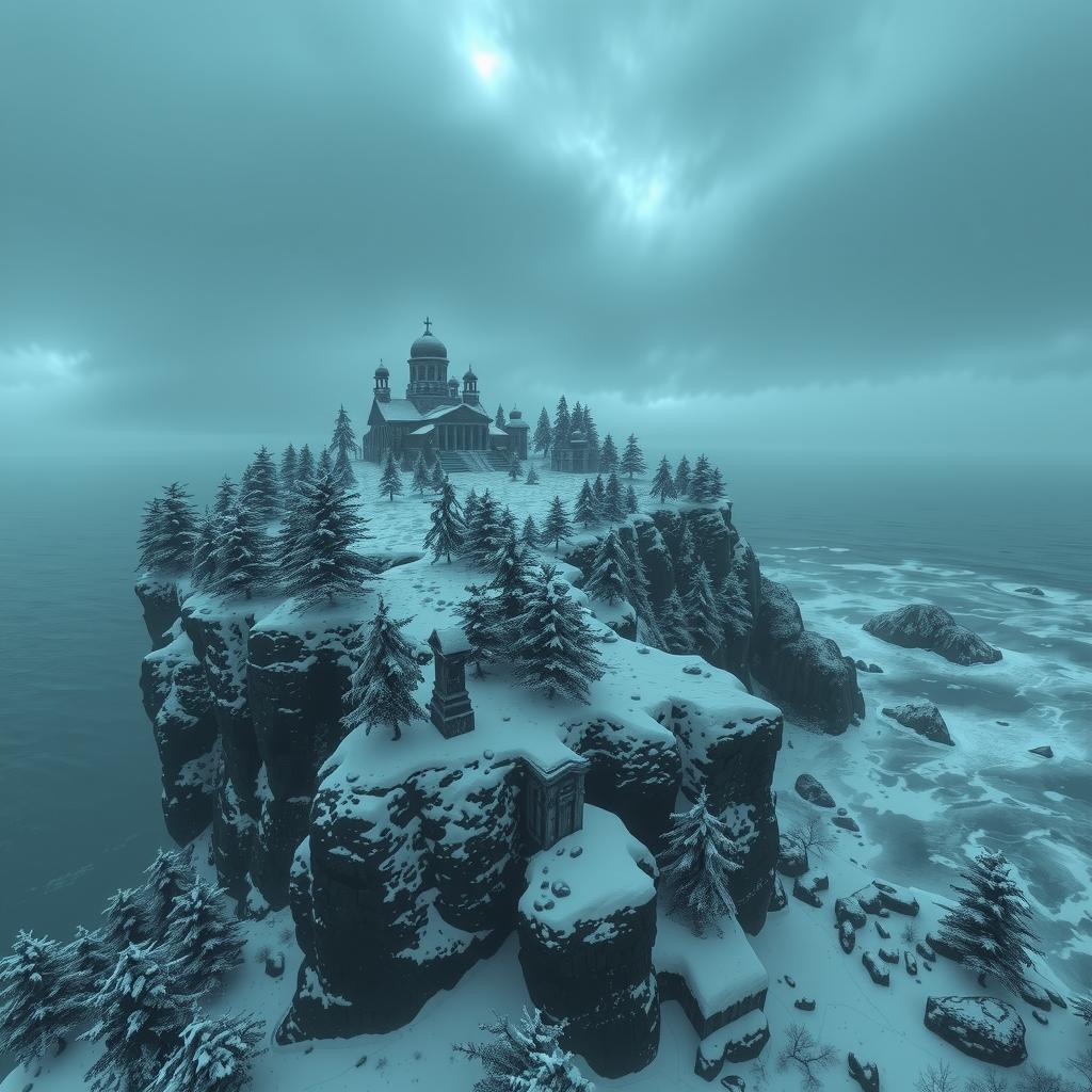  snowy arctic island covered in pine forests just above a stormy sea, the island looms 150 feet over the water in icy, treacherous cliffs, gothic mausoleum stands on the northern end of the island, haunting, 1990s ravenloft art ar 16:9 hyperrealistic, full body, detailed clothing, highly detailed, cinematic lighting, stunningly beautiful, intricate, sharp focus, f/1. 8, 85mm, (centered image composition), (professionally color graded), ((bright soft diffused light)), volumetric fog, trending on instagram, trending on tumblr, HDR 4K, 8K