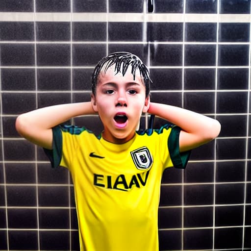  a young soccer player undressed in the boy's locker room after the game, under the shower