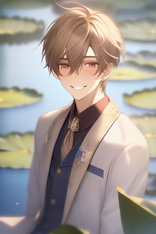  Masterpiece,(((a male))),delicate light brown hair color,short hair,(((archaic smile))),delicate face,(((larynx))),(((Water lilies))),high quality,8K