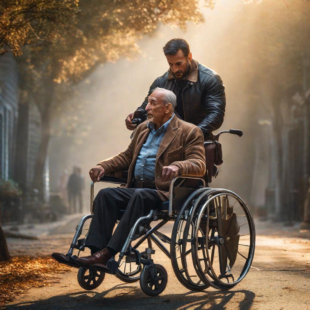  man in wheelchair holds baby aloft hyperrealistic, full body, detailed clothing, highly detailed, cinematic lighting, stunningly beautiful, intricate, sharp focus, f/1. 8, 85mm, (centered image composition), (professionally color graded), ((bright soft diffused light)), volumetric fog, trending on instagram, trending on tumblr, HDR 4K, 8K