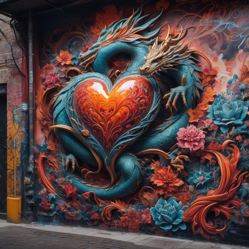  graffiti style (Surrealist Art, Masterpiece:1. 1), dragon, intricate floral patterns, surreal and dreamlike atmosphere, heart shaped object with swirling patterns, ethereal glow around it floating in a mystical void, intricate details showing traditional Russian artistic style, subtle hints of surrealist elements such as floating petals or shimmering light, rich texture and depth in the work, mesmerizing combination of surrealism and intricate ceramic art. . street art, vibrant, urban, detailed, tag, mural hyperrealistic, full body, detailed clothing, highly detailed, cinematic lighting, stunningly beautiful, intricate, sharp focus, f/1. 8, 85mm, (centered image composition), (professionally color graded), ((bright soft diffused light)), volumetric fog, trending on instagram, trending on tumblr, HDR 4K, 8K