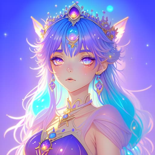 in OliDisco style beautiful anime girl. huge bobs. wearing a purple and pink crystal dress. princess of moonlight fantasy world. with blue hair and pink eyes. wearing a purple gemstone crown on he heard against .