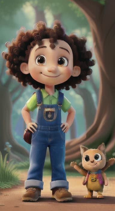  {The tree with a smiling face formed by its bark, looking down at Riley., Riley, a curious with big brown eyes and curly hair, wearing overalls and carrying a small backpack. Their friend, Skye, a bluebird with shiny feathers.