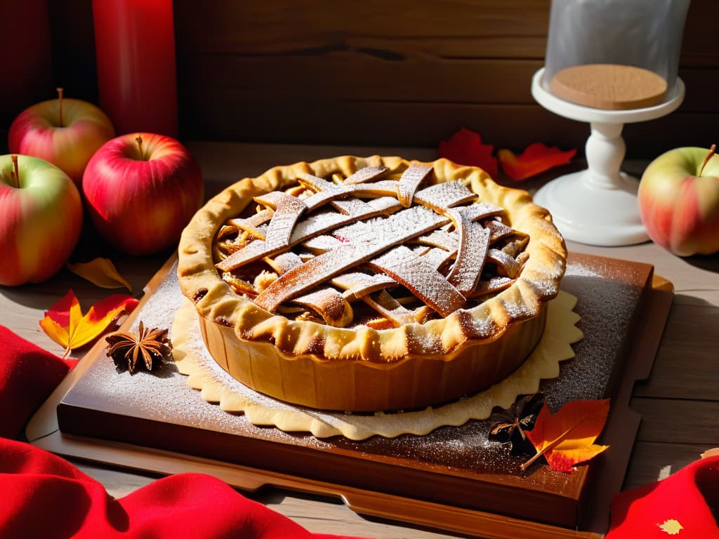  An ultradetailed, highresolution image of a rustic wooden table adorned with a freshly baked apple pie, dusted with cinnamon and powdered sugar. The golden crust glistens under warm lighting, showcasing intricate lattice work and caramelized apples peeking through. Surrounding the pie are scattered autumn leaves in rich hues of red, orange, and gold, evoking a cozy and inviting atmosphere perfect for the fall season. hyperrealistic, full body, detailed clothing, highly detailed, cinematic lighting, stunningly beautiful, intricate, sharp focus, f/1. 8, 85mm, (centered image composition), (professionally color graded), ((bright soft diffused light)), volumetric fog, trending on instagram, trending on tumblr, HDR 4K, 8K