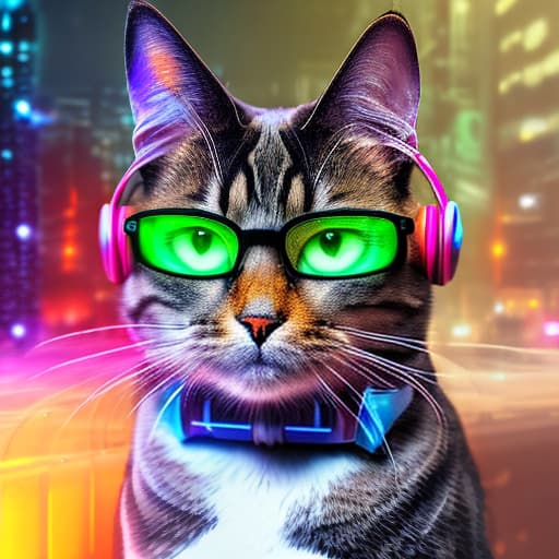 nvinkpunk Realistic image of a cat wearing headphones and reading glasses while riding a bus. hyperrealistic, full body, detailed clothing, highly detailed, cinematic lighting, stunningly beautiful, intricate, sharp focus, f/1. 8, 85mm, (centered image composition), (professionally color graded), ((bright soft diffused light)), volumetric fog, trending on instagram, trending on tumblr, HDR 4K, 8K