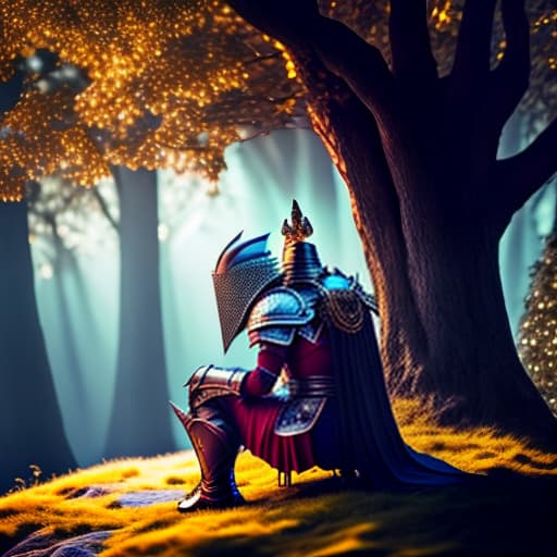 estilovintedois Templar knight in full armor, sitting near a tree, watching the stars hyperrealistic, full body, detailed clothing, highly detailed, cinematic lighting, stunningly beautiful, intricate, sharp focus, f/1. 8, 85mm, (centered image composition), (professionally color graded), ((bright soft diffused light)), volumetric fog, trending on instagram, trending on tumblr, HDR 4K, 8K