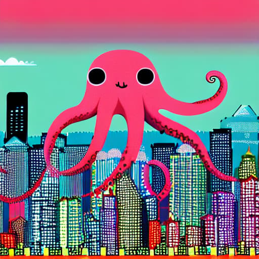  A digital art piece of a giant octopus made of jelly beans, attacking a city skyline