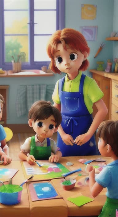  {Children gathered around a table full of paints, brushes, and paper., Kids wearing aprons, concentrating on their painting with bright colors on paper.