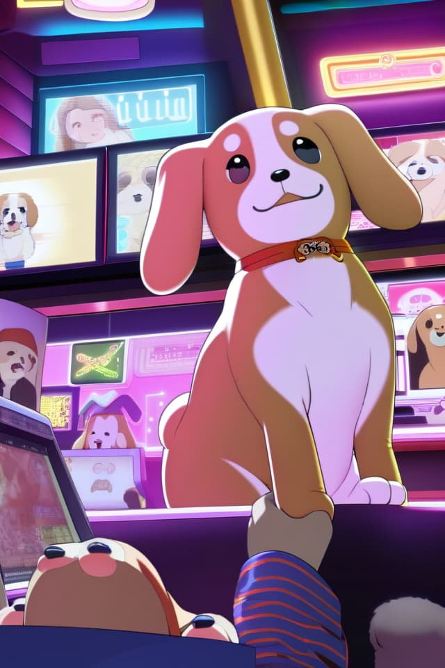  ((holding 🎮、girl play game、accurate hands))、(((droopin dog ears、lop beagle's ears)))、anthropomorphic furry beagle girl、tongue out blush smiling、dutch angle、neon lighting、in Internet cafe、best quality:1.4、masterpiece:1.4、ultra detailed texture、RAW photorealistic:1.4、absurd resolution、8K illustration、💩、💩