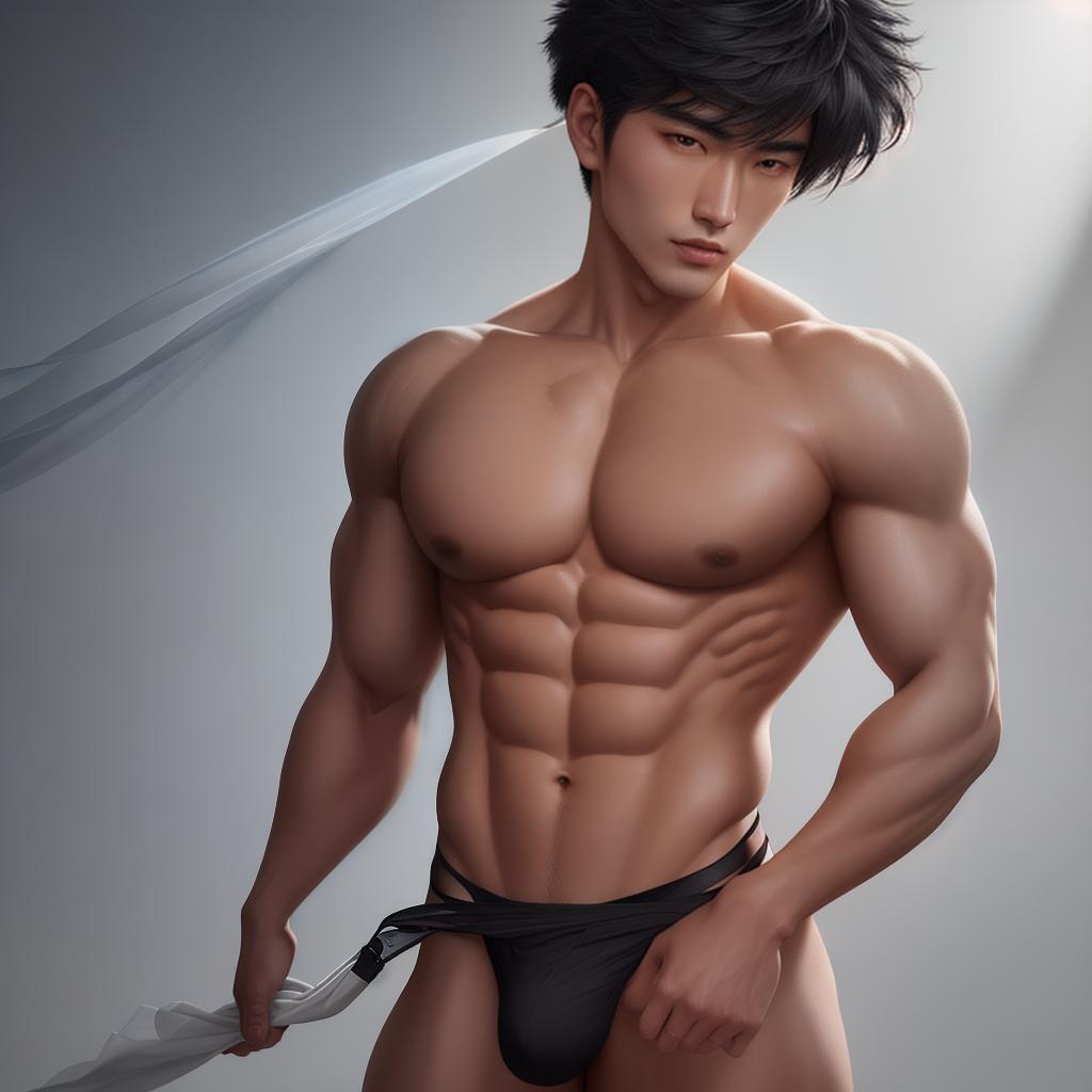  A captivating portrayal of an 18-year-old Asian man with a Korean-like charm. The best quality artwork showcases the subject in an 8k resolution, ultra-detailed illustration. The man's unique facial features, combined with a military-style haircut, create a striking image. His light wheatish skin tone and well-defined muscle lines add to his allure. The scene depicts the man wearing a short loincloth made of lightweight material, ideal for hot climates. The artist excels in capturing the human form with precision, emphasizing the man's fit physique. Style: Hyperrealism. The lighting in the scene is warm, illuminating the vibrant colors of the man's garment. Additional details: The artwork is accompanied by a short description on the artist' hyperrealistic, full body, detailed clothing, highly detailed, cinematic lighting, stunningly beautiful, intricate, sharp focus, f/1. 8, 85mm, (centered image composition), (professionally color graded), ((bright soft diffused light)), volumetric fog, trending on instagram, trending on tumblr, HDR 4K, 8K