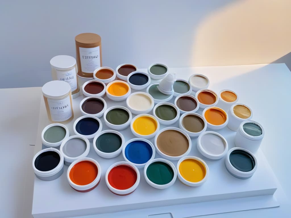  An ultradetailed image of a diverse array of edible paints from around the world, delicately displayed on a sleek, minimalist white table. Each paint pot is labeled with intricate calligraphy representing its country of origin, showcasing the vibrant colors and unique textures of the edible paints. The image captures the essence of global inspiration and culinary artistry, appealing to the professional and inspirational tone of the article. hyperrealistic, full body, detailed clothing, highly detailed, cinematic lighting, stunningly beautiful, intricate, sharp focus, f/1. 8, 85mm, (centered image composition), (professionally color graded), ((bright soft diffused light)), volumetric fog, trending on instagram, trending on tumblr, HDR 4K, 8K