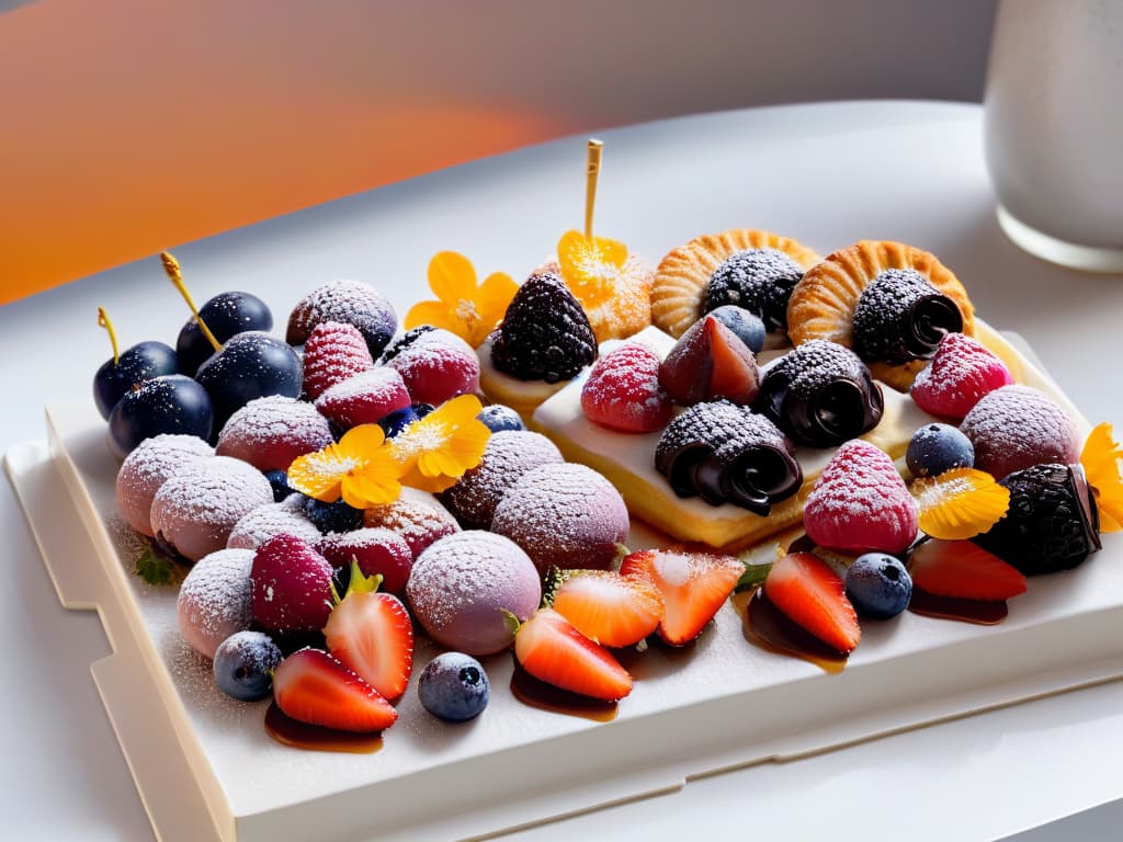  A closeup, ultradetailed image of a perfectly arranged tray of assorted delectable pastries, each one meticulously decorated with colorful toppings like fresh berries, edible flowers, and delicate drizzles of caramel. The pastries are set against a sleek, modern backdrop, with soft natural lighting casting gentle shadows that highlight the intricate details of each treat. The image conveys a sense of elegance and artistry, inviting the viewer to appreciate the beauty and craftsmanship of these delectable delights. hyperrealistic, full body, detailed clothing, highly detailed, cinematic lighting, stunningly beautiful, intricate, sharp focus, f/1. 8, 85mm, (centered image composition), (professionally color graded), ((bright soft diffused light)), volumetric fog, trending on instagram, trending on tumblr, HDR 4K, 8K