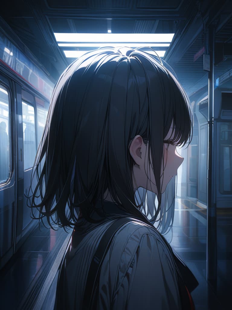  Black hair, illness, short hair, station, masterpiece, best quality,8k,ultra detailed,high resolution,an extremely delicate and beautiful,hyper detail