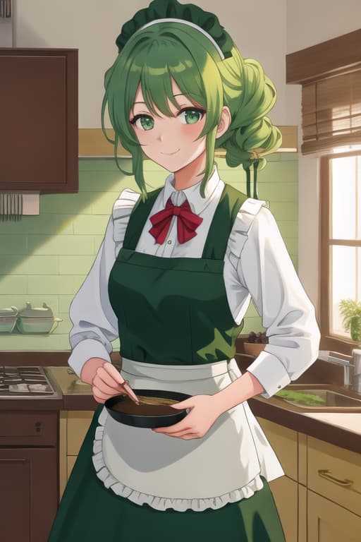  best quality, 1girl, (solo), standing, noodle hair, green hair, green eyes, light smile, closed mouth, medium, maid dress, kitchen,