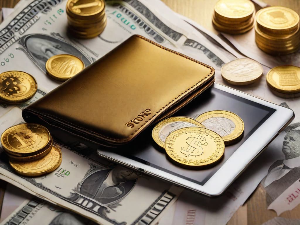  A sleek, metallic golden background with four different styled wallets, each overflowing with a mix of gold coins and paper currency, alongside a digital tablet displaying stock market graphs. digital art, ilustration, no flares, clean hyperrealistic, full body, detailed clothing, highly detailed, cinematic lighting, stunningly beautiful, intricate, sharp focus, f/1. 8, 85mm, (centered image composition), (professionally color graded), ((bright soft diffused light)), volumetric fog, trending on instagram, trending on tumblr, HDR 4K, 8K