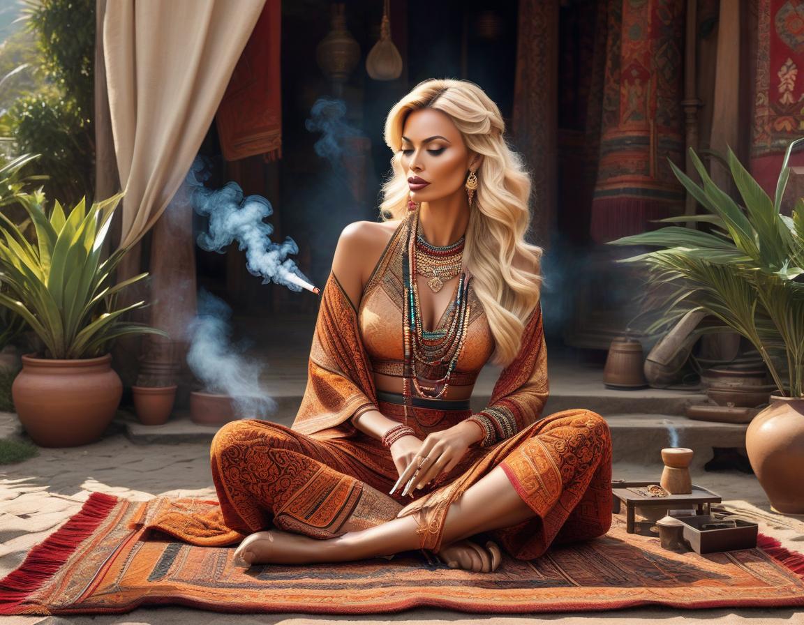  Pictorial art of a place where inventions and adventures are felt, a very detailed and deep depiction. A blonde woman in ethnic clothing sits in a yard on a rug and smokes a cigarette. Use only three colors and their shades. hyperrealistic, full body, detailed clothing, highly detailed, cinematic lighting, stunningly beautiful, intricate, sharp focus, f/1. 8, 85mm, (centered image composition), (professionally color graded), ((bright soft diffused light)), volumetric fog, trending on instagram, trending on tumblr, HDR 4K, 8K