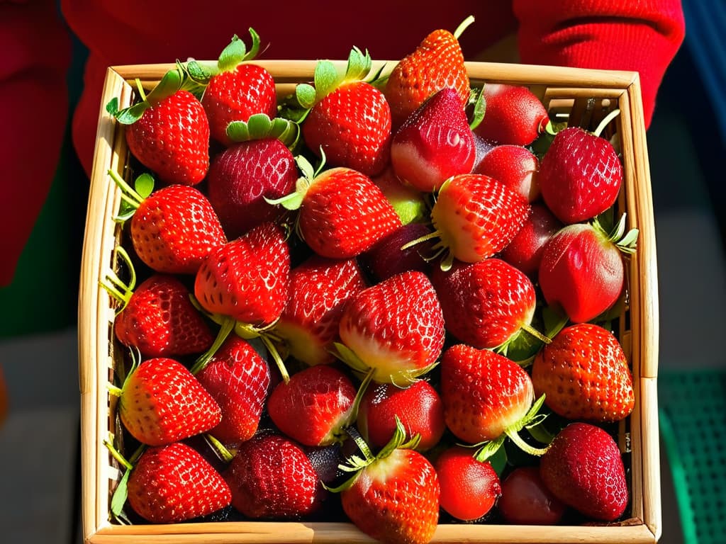  A closeup, ultradetailed image of a hand selecting the ripest, juiciest strawberries from a basket filled with a variety of fresh fruits, with droplets of water glistening on the strawberries under soft natural lighting. Each strawberry is perfectly shaped and vibrant red, showcasing the importance of selecting the best ingredients for pastry making. hyperrealistic, full body, detailed clothing, highly detailed, cinematic lighting, stunningly beautiful, intricate, sharp focus, f/1. 8, 85mm, (centered image composition), (professionally color graded), ((bright soft diffused light)), volumetric fog, trending on instagram, trending on tumblr, HDR 4K, 8K