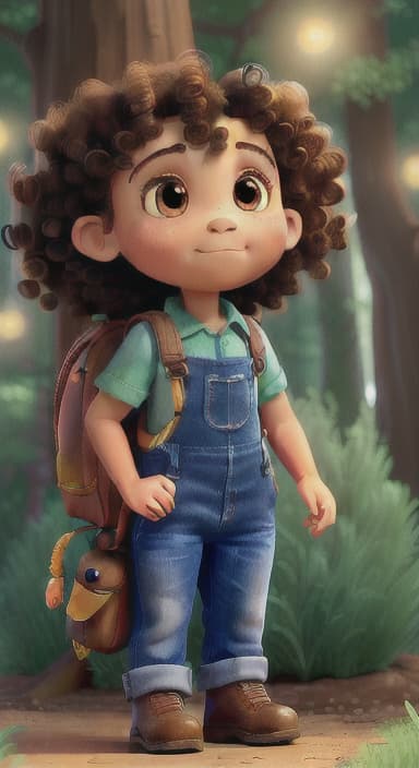  {The tree shining brightly and releasing a gentle, magical light., Riley, a curious with big brown eyes and curly hair, wearing overalls and carrying a small backpack. Their friend, Skye, a bluebird with shiny feathers.