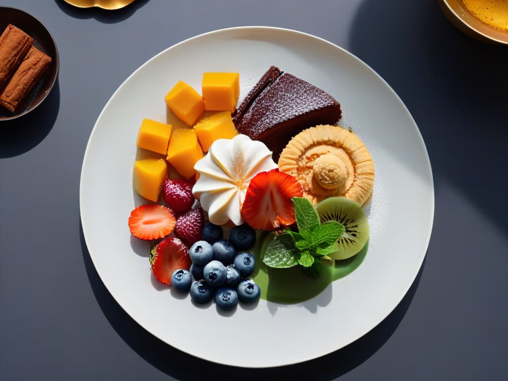  A highresolution, minimalist image of a beautifully plated array of five different African desserts, each showcasing vibrant colors and intricate designs that represent the rich culinary heritage of Africa. Each dessert is elegantly presented on a sleek, modern serving dish against a clean, white backdrop, highlighting the cultural diversity and artistry of African cuisine in a visually striking and sophisticated manner. The desserts range from traditional cakes to exotic fruitbased treats, all meticulously crafted to captivate the viewer's attention and evoke a sense of culinary wonder and exploration. hyperrealistic, full body, detailed clothing, highly detailed, cinematic lighting, stunningly beautiful, intricate, sharp focus, f/1. 8, 85mm, (centered image composition), (professionally color graded), ((bright soft diffused light)), volumetric fog, trending on instagram, trending on tumblr, HDR 4K, 8K