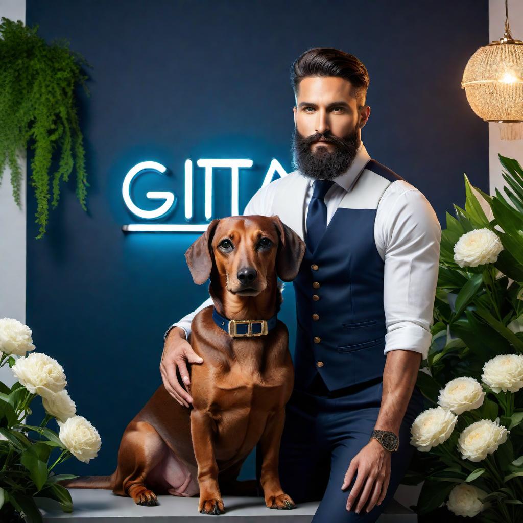  A navy blue wall background with the word 'Gitano' illuminated in white neon light. In front of the wall stands a beautiful woman and a man with a big beard, both stylishly dressed to complement the scene. A dachshund dog is also present, adding charm to the composition. The backdrop is lush with a variety of green foliage, vibrant flowers, and subtle ambient lighting to create a warm and inviting atmosphere. hyperrealistic, full body, detailed clothing, highly detailed, cinematic lighting, stunningly beautiful, intricate, sharp focus, f/1. 8, 85mm, (centered image composition), (professionally color graded), ((bright soft diffused light)), volumetric fog, trending on instagram, trending on tumblr, HDR 4K, 8K