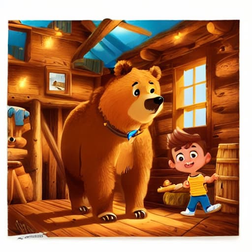  a boy with brown short hair and yellow shirt and blue jeans, a bear standing, in cabin