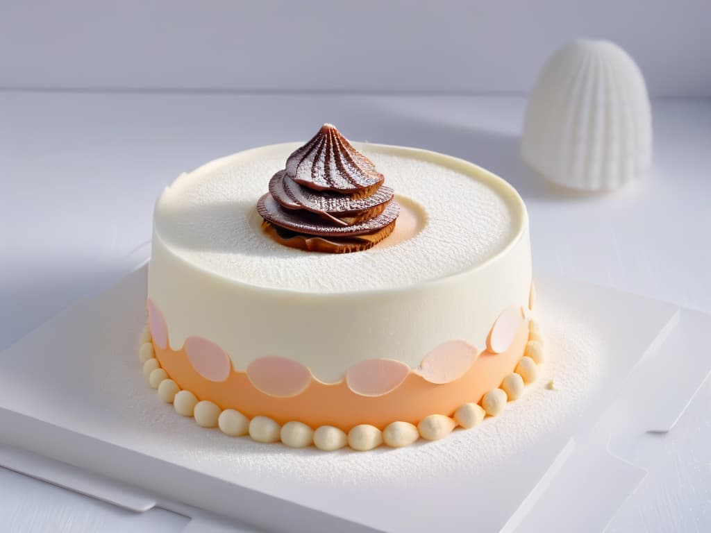  A photorealistic image of a sleek, modern 3Dprinted dessert masterpiece displayed on a minimalist white plate. The dessert features intricate geometric patterns and delicate sugar sculptures, all in soft pastel hues. The background is a blurred upscale bakery setting with subtle warm lighting, enhancing the elegance and precision of the dessert design. hyperrealistic, full body, detailed clothing, highly detailed, cinematic lighting, stunningly beautiful, intricate, sharp focus, f/1. 8, 85mm, (centered image composition), (professionally color graded), ((bright soft diffused light)), volumetric fog, trending on instagram, trending on tumblr, HDR 4K, 8K