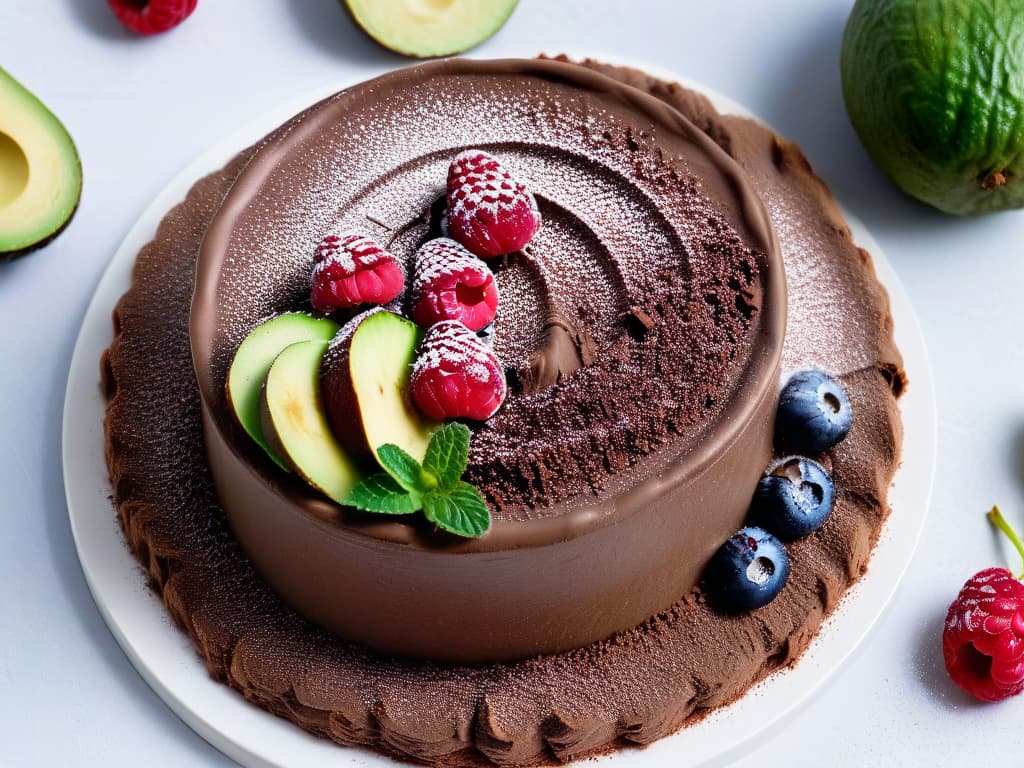  A highresolution image of a beautifully arranged plate of paleofriendly chocolate avocado mousse topped with fresh raspberries and mint leaves, set against a clean, white background. The mousse is elegantly garnished with a light dusting of cocoa powder, and the raspberries glisten with freshness, conveying a sense of indulgence and healthfulness. The simplicity of the presentation highlights the natural colors and textures of the dessert, making it a visually appealing and appetizing image for the audience. hyperrealistic, full body, detailed clothing, highly detailed, cinematic lighting, stunningly beautiful, intricate, sharp focus, f/1. 8, 85mm, (centered image composition), (professionally color graded), ((bright soft diffused light)), volumetric fog, trending on instagram, trending on tumblr, HDR 4K, 8K