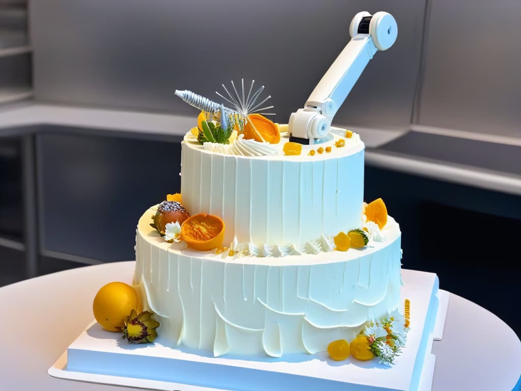  An ultradetailed image of a stateoftheart robotic arm delicately piping intricate designs on a multitiered wedding cake. The robotic arm is sleek and futuristic, adorned with precision tools, while the cake features elaborate decorations that showcase the seamless integration of technology and traditional pastry craftsmanship. The setting is a modern bakery filled with onlookers marveling at the seamless and precise movements of the robotic arm as it creates edible works of art. hyperrealistic, full body, detailed clothing, highly detailed, cinematic lighting, stunningly beautiful, intricate, sharp focus, f/1. 8, 85mm, (centered image composition), (professionally color graded), ((bright soft diffused light)), volumetric fog, trending on instagram, trending on tumblr, HDR 4K, 8K