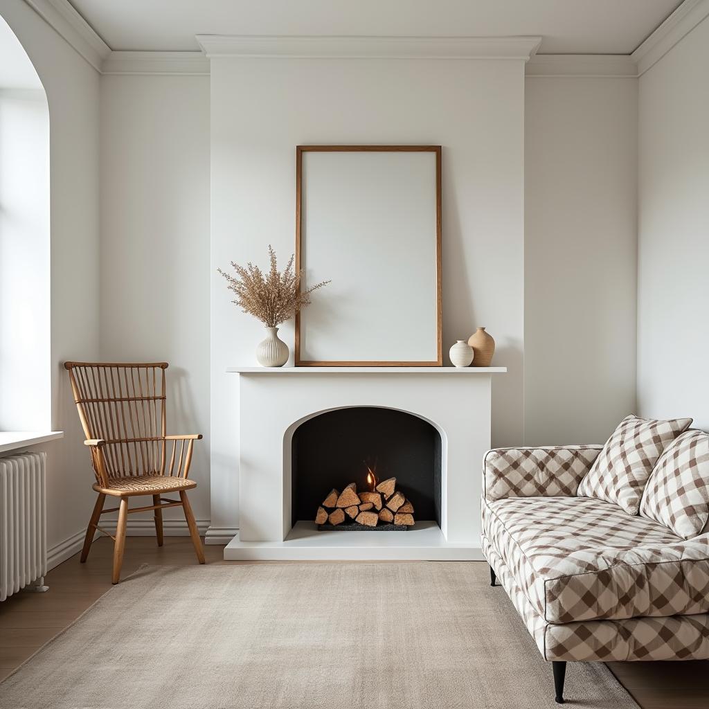  this stunningly beautiful, unedited 8k photograph captures a cozy living room with a fireplace, styled in a minimalist manner emphasizing simplicity, functionality, and clean lines. inspired by pieter estersohn's hyperrealistic style, the image features a dutch angle shot, adding a creative perspective to the serene, uncluttered space. the professionally color graded image showcases a scandinavian minimalist color scheme with light, airy tones, creating a modern look. the hasselblad x1d ii 50c medium format camera, paired with a 35mm f2 wide angle lens and ilford hp5 film grain, enhances the photorealistic quality. the bright, soft, diffused light, described as 'snowy light,' illuminates the argyle patterned upholstery, contributing to the 