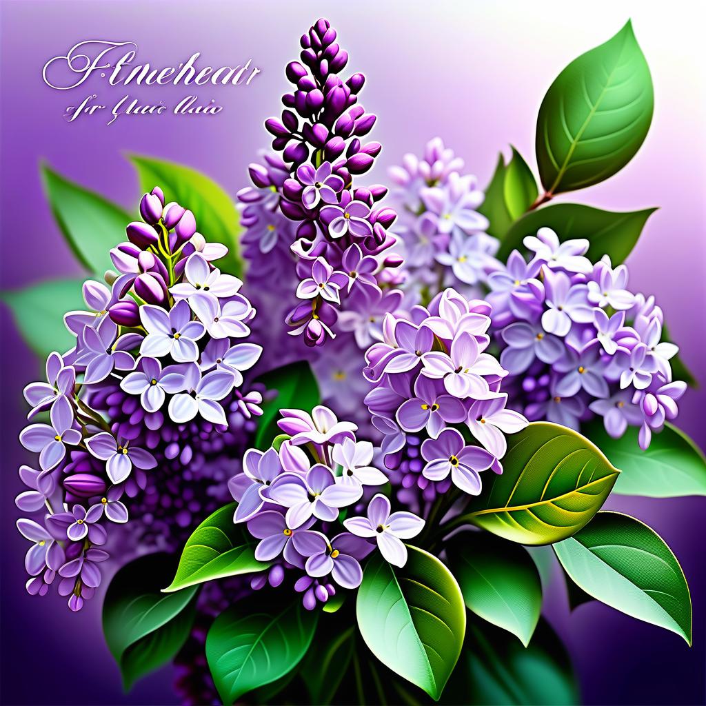  ethereal fantasy concept art of (Lilac) is a genus of shrubs with beautiful flowers and pleasant fragrance. There are many species and varieties of lilacs, differing in colour and shape of flowers. (Greeting card) Postcard design:Background white green gradient decorated with golden curls in fantasy style. In the centre of the card is a bouquet of lilacs with the inscription "For you" . magnificent, celestial, ethereal, painterly, epic, majestic, magical, fantasy art, cover art, dreamy hyperrealistic, full body, detailed clothing, highly detailed, cinematic lighting, stunningly beautiful, intricate, sharp focus, f/1. 8, 85mm, (centered image composition), (professionally color graded), ((bright soft diffused light)), volumetric fog, trending on instagram, trending on tumblr, HDR 4K, 8K