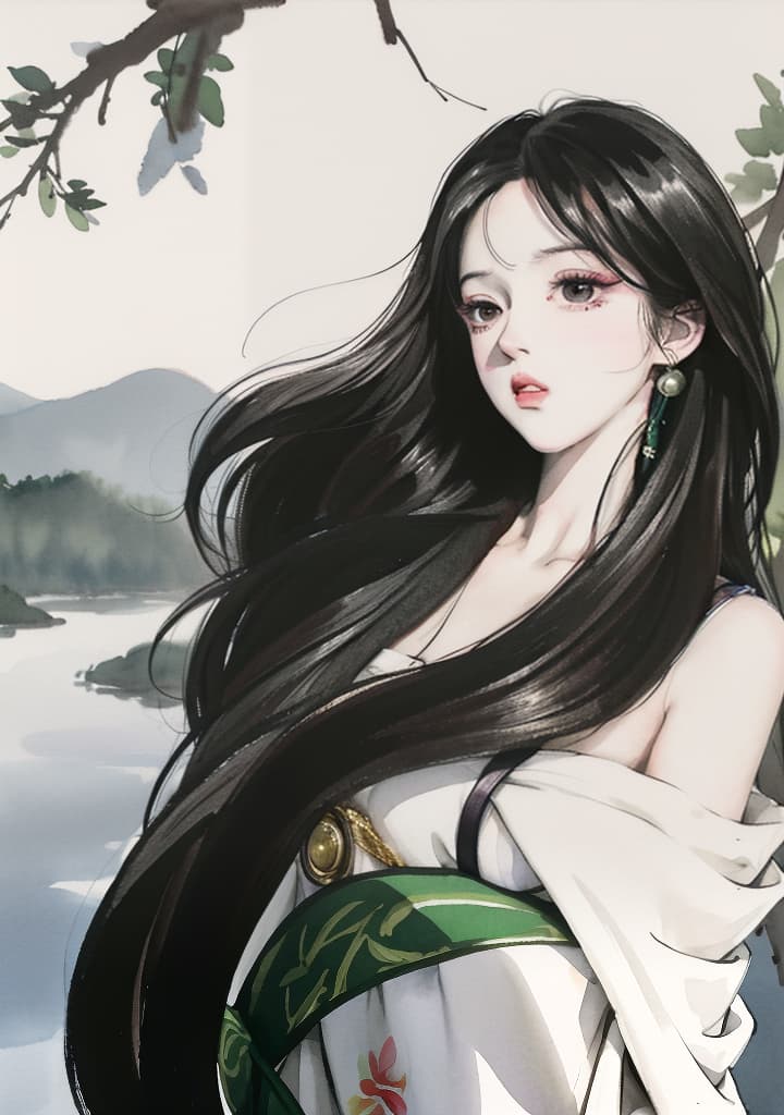  ((Chinese goddess with long black hair Wearing a long white dress, the wind is blowing, gentle, sharp eyes, eye shadow, the background sees a large, beautiful lake, beautiful, watercolor painting, Chinese style.)),(shuimobysim,wuchangshuo,bonian,zhenbanqiao,badashanren), beautiful, high quality,masterpiece,extremely detailed,high res,4k,ultra high res,detailed shadow,ultra realistic,dramatic lighting,bright light