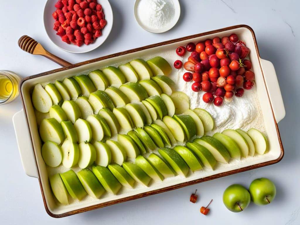  A beautifully arranged flat lay of fresh, vibrant red berries, crisp green apples, a scattering of flour, sugar, and cinnamon, a rustic wooden mixing spoon, and a vintage baking dish, all set against a clean, white marble countertop. hyperrealistic, full body, detailed clothing, highly detailed, cinematic lighting, stunningly beautiful, intricate, sharp focus, f/1. 8, 85mm, (centered image composition), (professionally color graded), ((bright soft diffused light)), volumetric fog, trending on instagram, trending on tumblr, HDR 4K, 8K