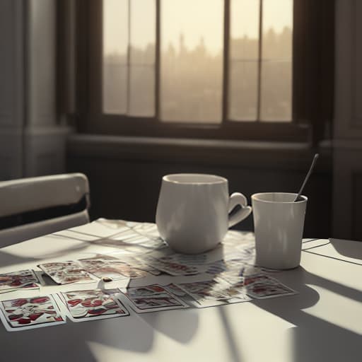 redshift style Futuristic style. Deck of cards and cup of tea over white table. Sunset through a window with a city view. White and soft tones.