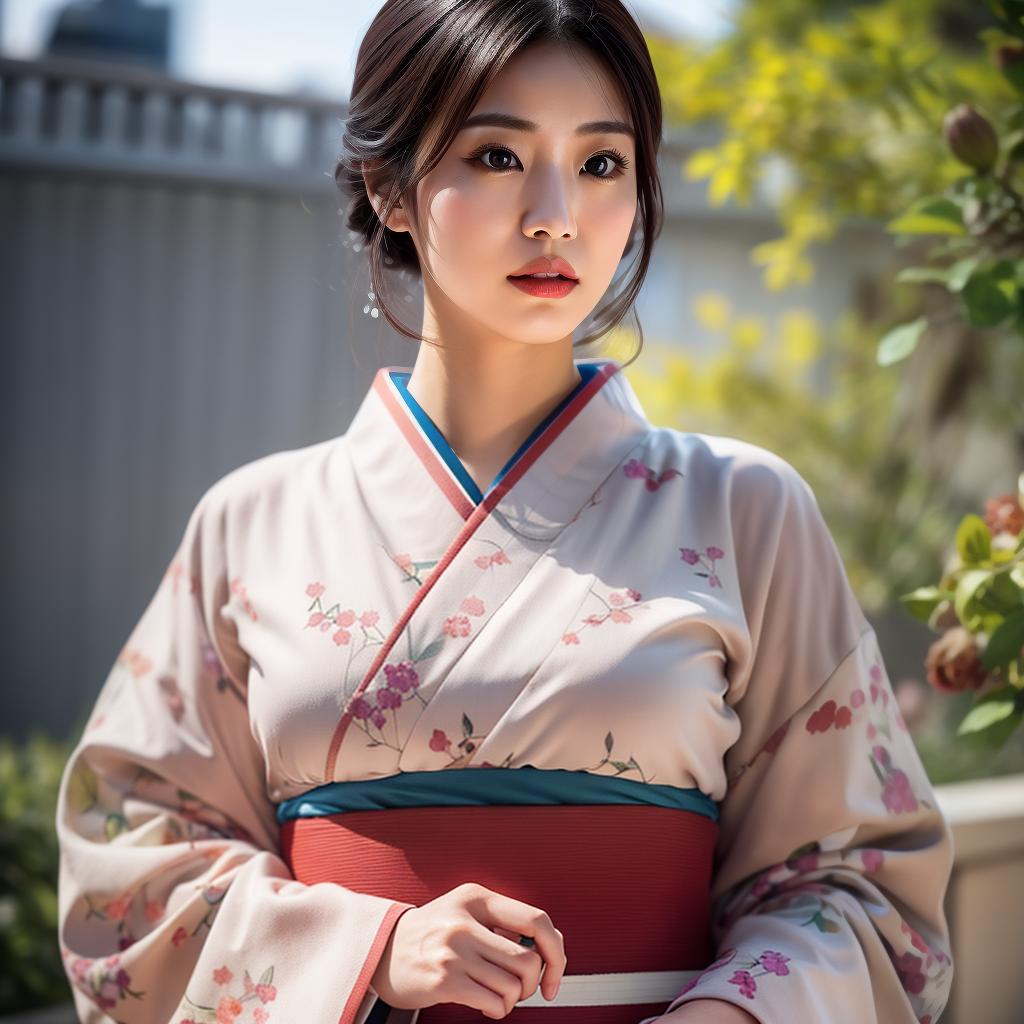  (masterpiece:1.3), (8k, photorealistic, photo, best quality: 1.4), (Japanese woman wearing clothes:),(realistic face), realistic eyes, (realistic skin), beautiful skin, kimono, (perfect body:1.3), (detailed body:1.2), hyperrealistic, full body, detailed clothing, highly detailed, cinematic lighting, stunningly beautiful, intricate, sharp focus, f/1. 8, 85mm, (centered image composition), (professionally color graded), ((bright soft diffused light)), volumetric fog, trending on instagram, trending on tumblr, HDR 4K, 8K