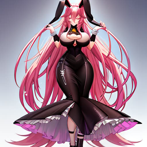  anime with long pink hair with big size wearing a black bunny suit with big blushing and closing her eyes and smiling at me hyperrealistic, full body, detailed clothing, highly detailed, cinematic lighting, stunningly beautiful, intricate, sharp focus, f/1. 8, 85mm, (centered image composition), (professionally color graded), ((bright soft diffused light)), volumetric fog, trending on instagram, trending on tumblr, HDR 4K, 8K